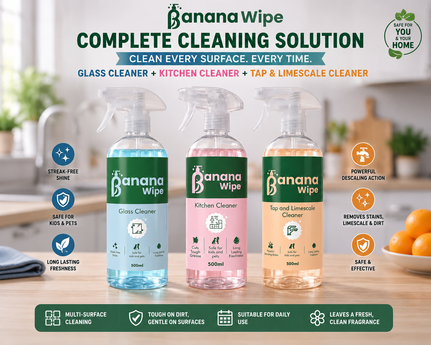 Banana Wipe Complete Cleaning Solution Combo Pack | Glass, Kitchen & Tap Cleaner I 500 ml each