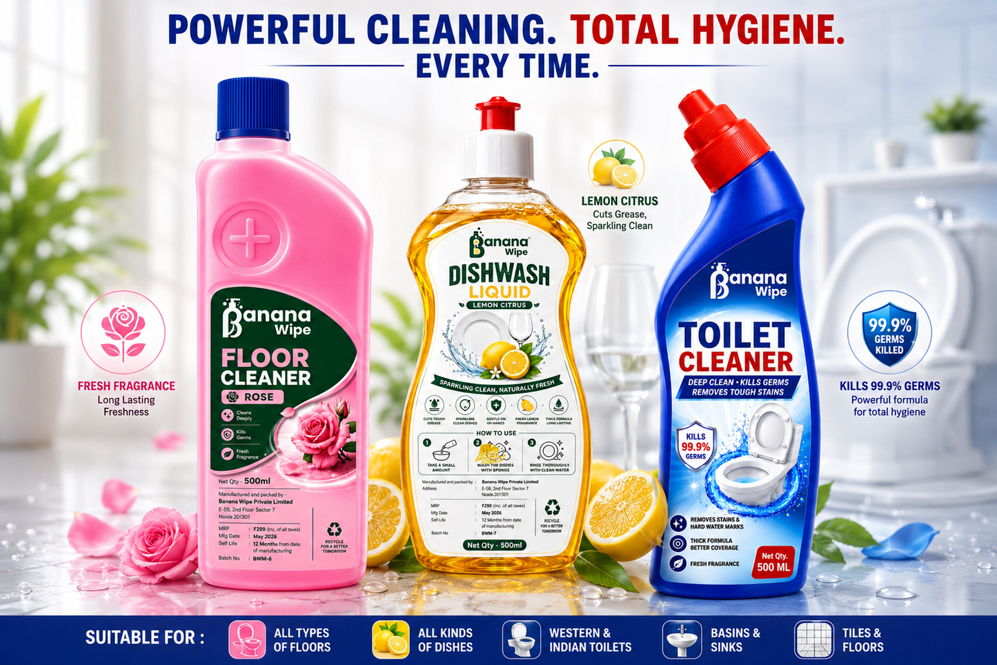 Banana Wipe Home Cleaning Combo Pack | Floor Cleaner, Dishwash Liquid & Toilet Cleaner I 500 ml each